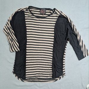 French Blue Striped Top tan‎ and black Medium Med womens